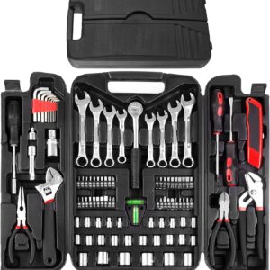 95 Piece Tool Set, Tool Kit, Mechanics Tool Set, Portable Toolbox with Adjustable Wrench Pliers Socket Bits, with Plastic Toolbox