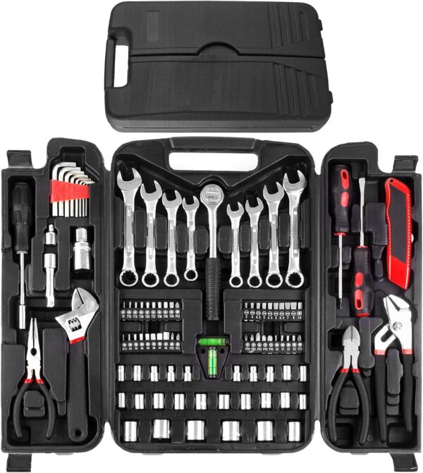 95 Piece Tool Set, Tool Kit, Mechanics Tool Set, Portable Toolbox with Adjustable Wrench Pliers Socket Bits, with Plastic Toolbox