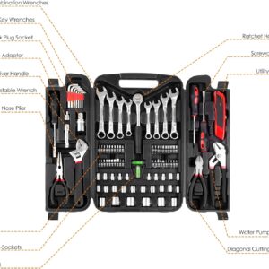 95 Piece Tool Set, Tool Kit, Mechanics Tool Set, Portable Toolbox with Adjustable Wrench Pliers Socket Bits, with Plastic Toolbox