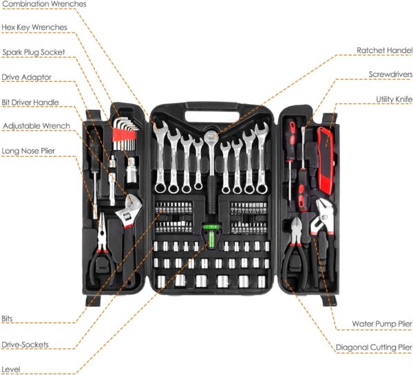 95 Piece Tool Set, Tool Kit, Mechanics Tool Set, Portable Toolbox with Adjustable Wrench Pliers Socket Bits, with Plastic Toolbox - Image 2